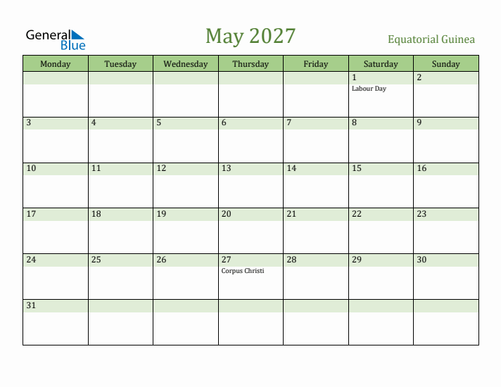 May 2027 Calendar with Equatorial Guinea Holidays