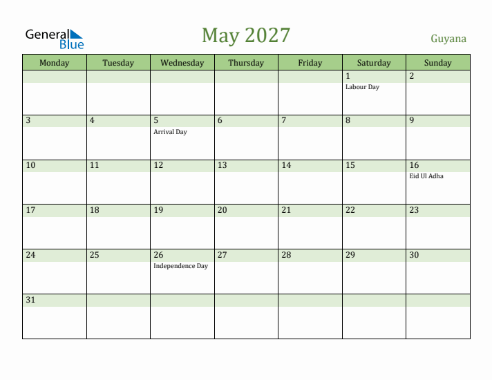 May 2027 Calendar with Guyana Holidays