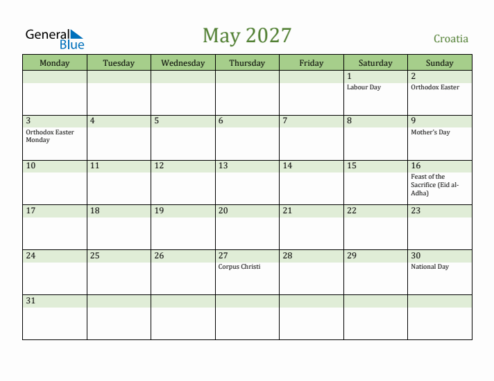 May 2027 Calendar with Croatia Holidays