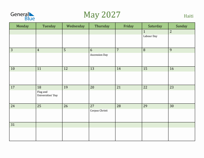 May 2027 Calendar with Haiti Holidays