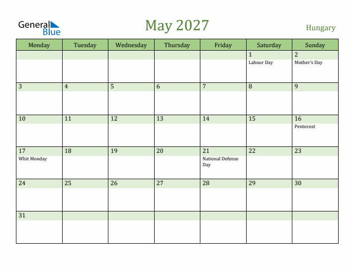 May 2027 Calendar with Hungary Holidays