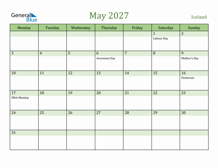 May 2027 Calendar with Iceland Holidays