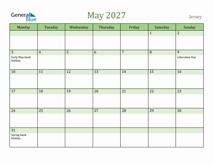 May 2027 Calendar with Jersey Holidays
