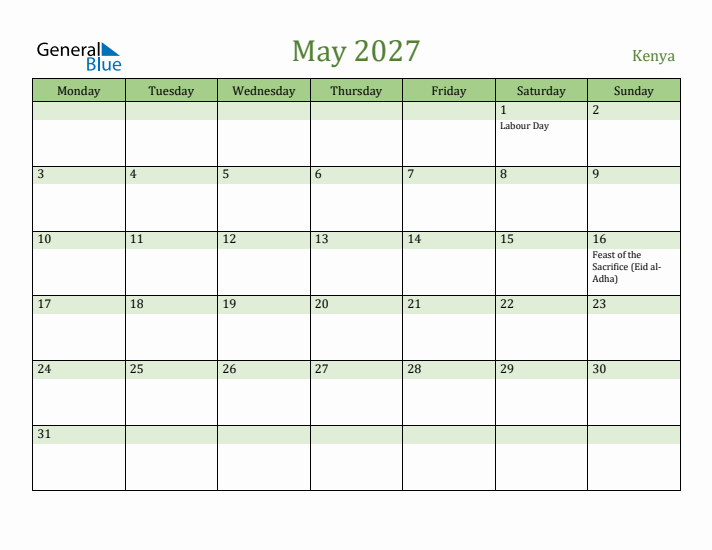 May 2027 Calendar with Kenya Holidays