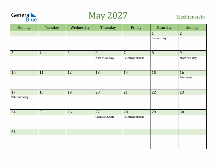 May 2027 Calendar with Liechtenstein Holidays