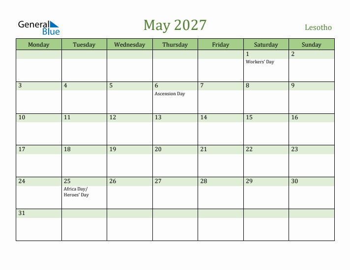May 2027 Calendar with Lesotho Holidays
