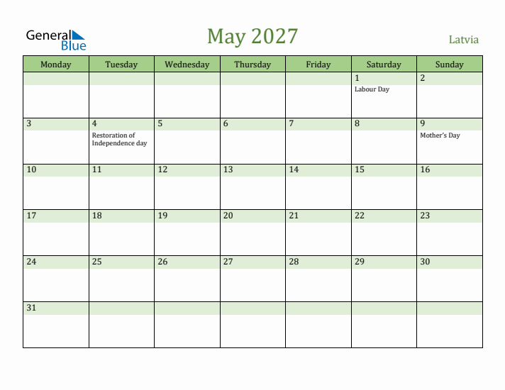 May 2027 Calendar with Latvia Holidays