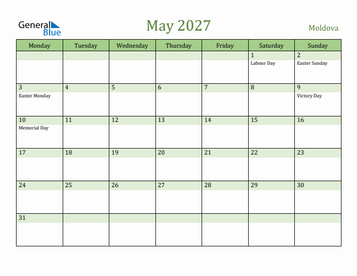 May 2027 Calendar with Moldova Holidays