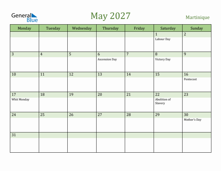 May 2027 Calendar with Martinique Holidays