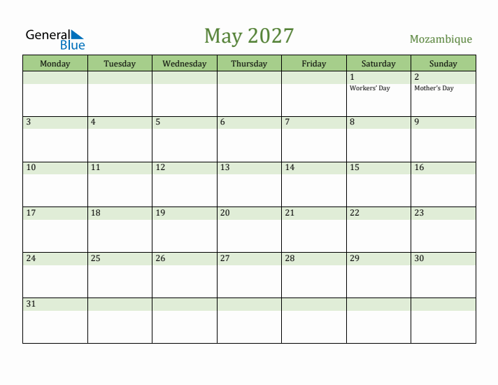 May 2027 Calendar with Mozambique Holidays