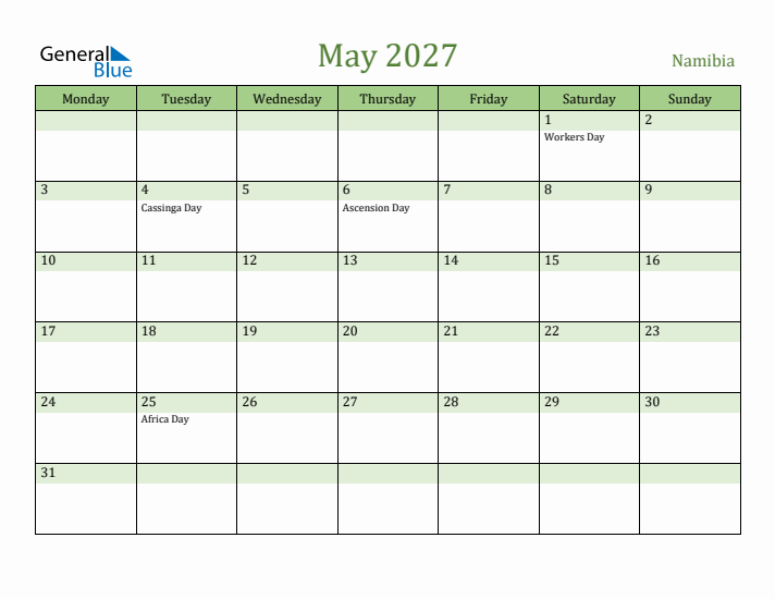 May 2027 Calendar with Namibia Holidays