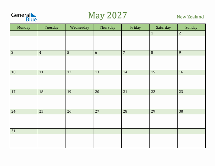 May 2027 Calendar with New Zealand Holidays