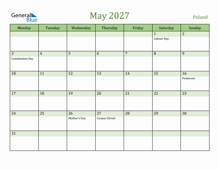 May 2027 Calendar with Poland Holidays