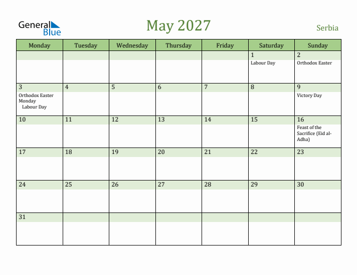 May 2027 Calendar with Serbia Holidays