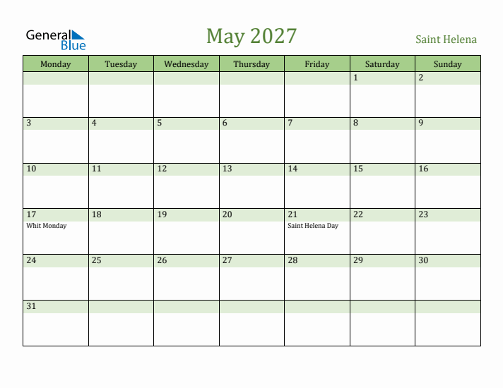 May 2027 Calendar with Saint Helena Holidays