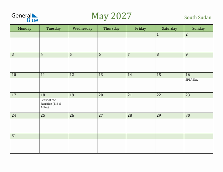 May 2027 Calendar with South Sudan Holidays