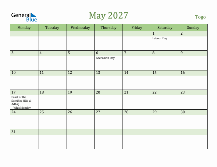May 2027 Calendar with Togo Holidays