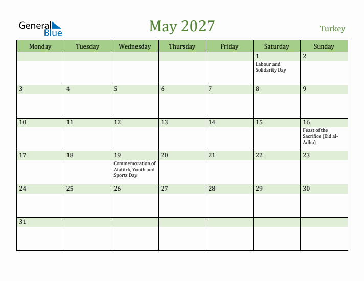 May 2027 Calendar with Turkey Holidays
