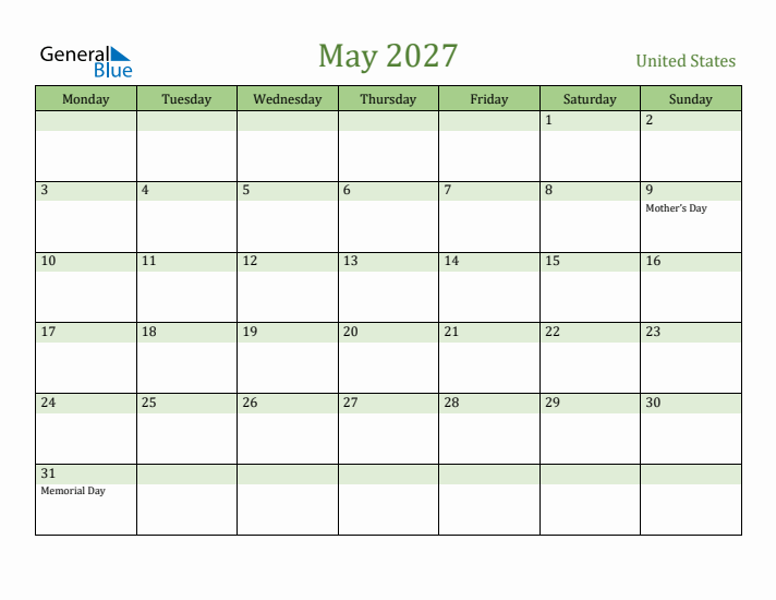 May 2027 Calendar with United States Holidays