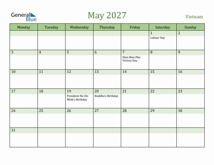 May 2027 Calendar with Vietnam Holidays