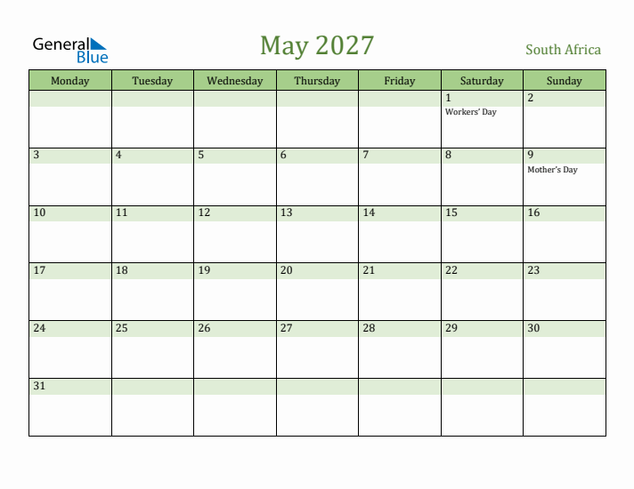 May 2027 Calendar with South Africa Holidays