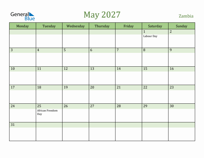 May 2027 Calendar with Zambia Holidays