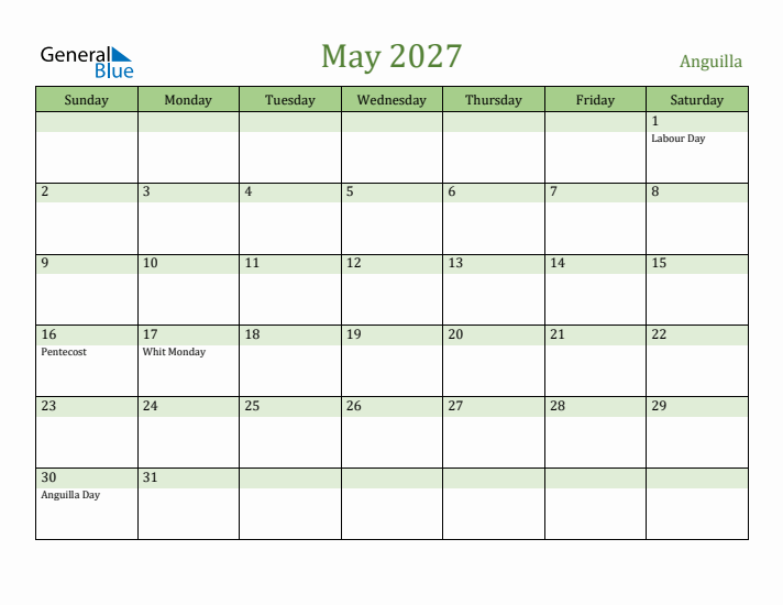 May 2027 Calendar with Anguilla Holidays