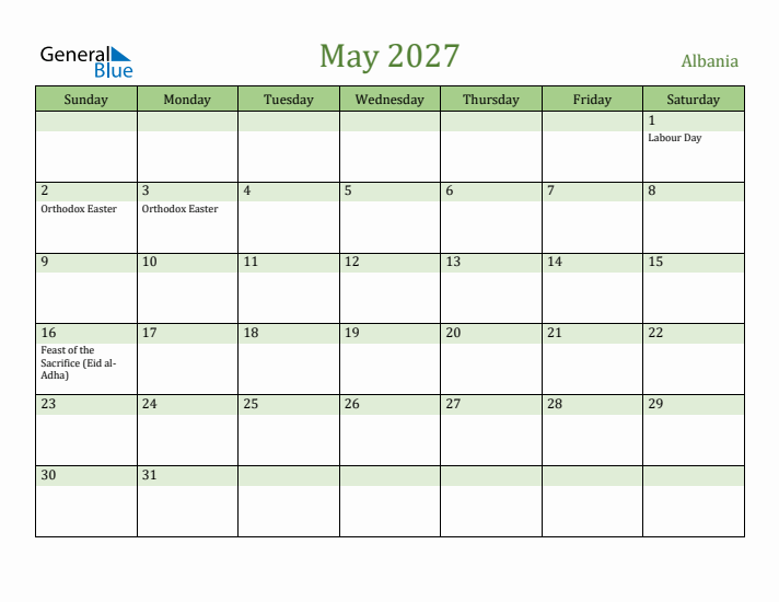 May 2027 Calendar with Albania Holidays