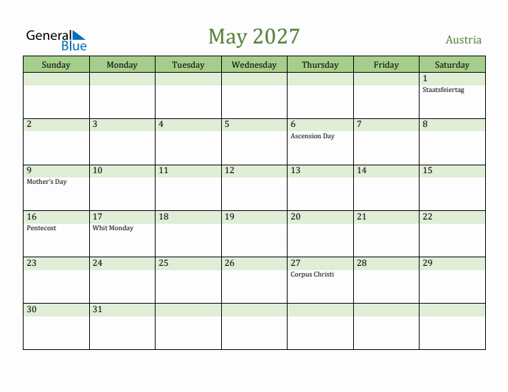 May 2027 Calendar with Austria Holidays