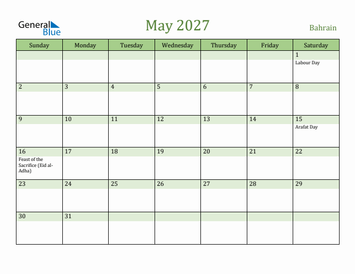 May 2027 Calendar with Bahrain Holidays