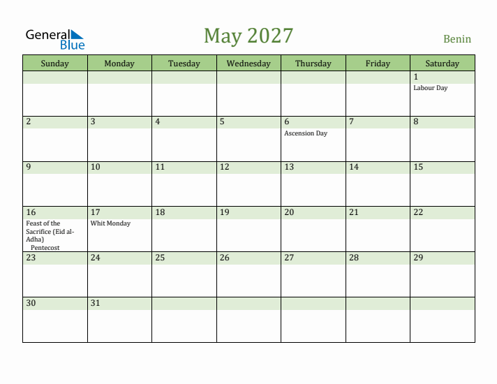 May 2027 Calendar with Benin Holidays