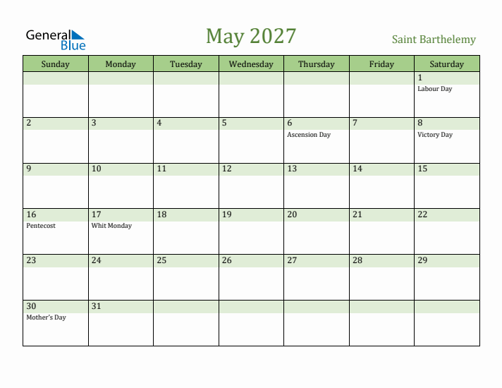 May 2027 Calendar with Saint Barthelemy Holidays