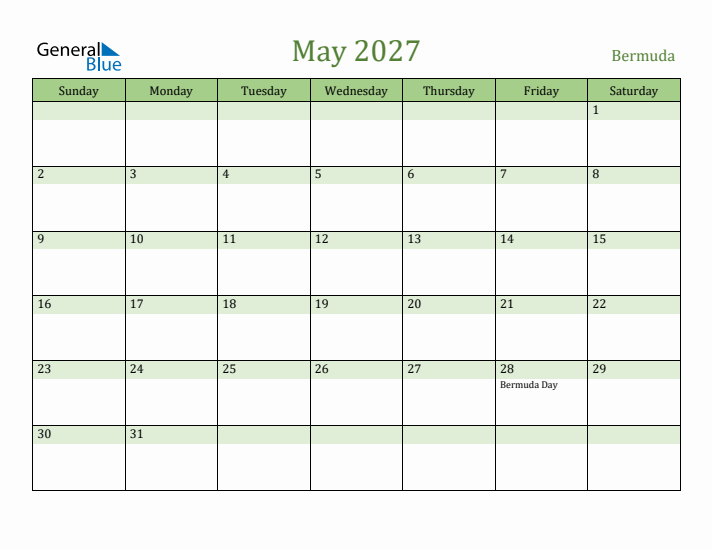 May 2027 Calendar with Bermuda Holidays
