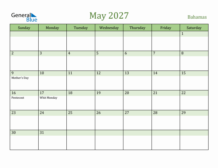 May 2027 Calendar with Bahamas Holidays