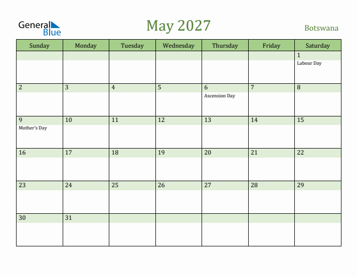 May 2027 Calendar with Botswana Holidays