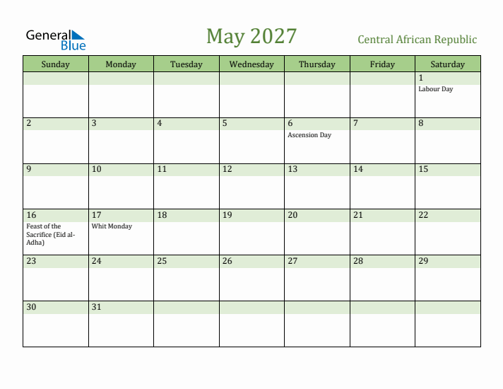 May 2027 Calendar with Central African Republic Holidays