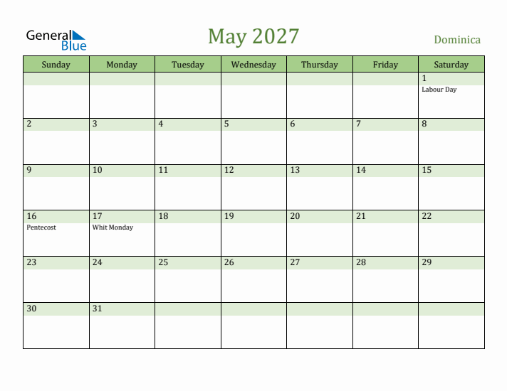 May 2027 Calendar with Dominica Holidays