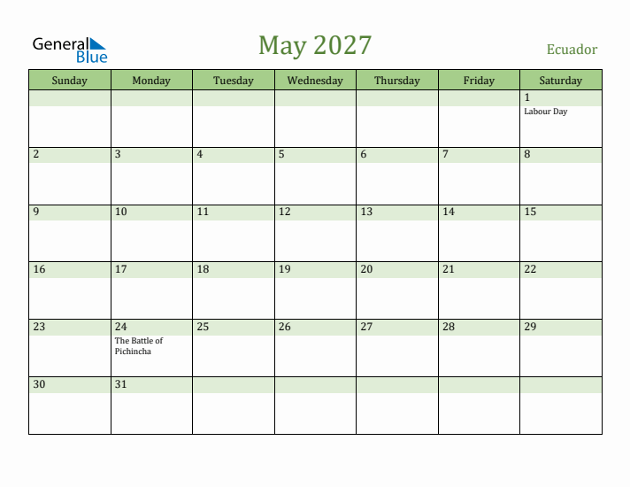 May 2027 Calendar with Ecuador Holidays