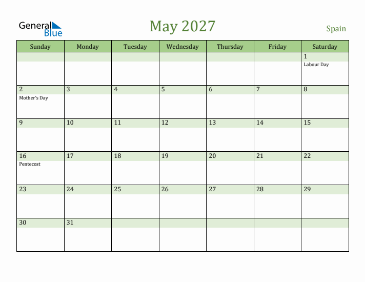 May 2027 Calendar with Spain Holidays