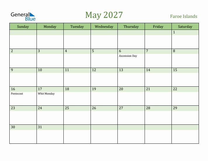 May 2027 Calendar with Faroe Islands Holidays