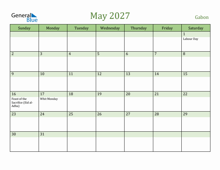 May 2027 Calendar with Gabon Holidays