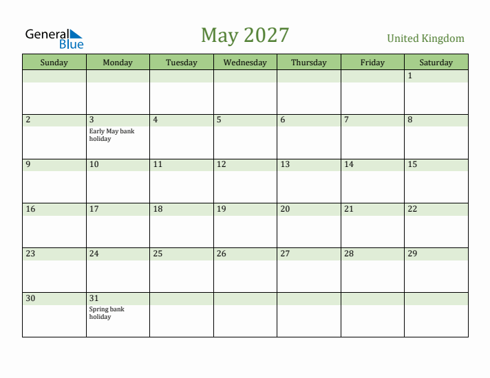 May 2027 Calendar with United Kingdom Holidays