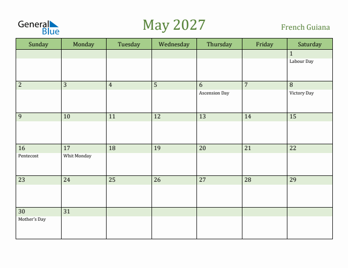 May 2027 Calendar with French Guiana Holidays