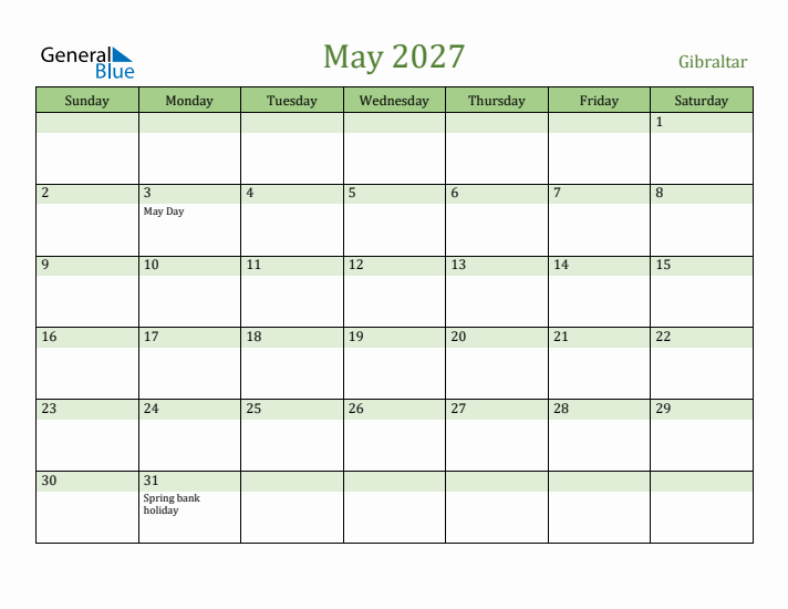 May 2027 Calendar with Gibraltar Holidays