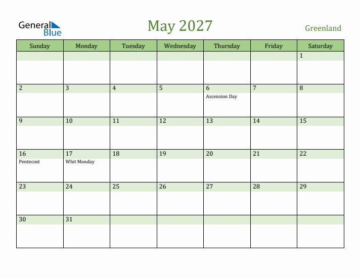 May 2027 Calendar with Greenland Holidays