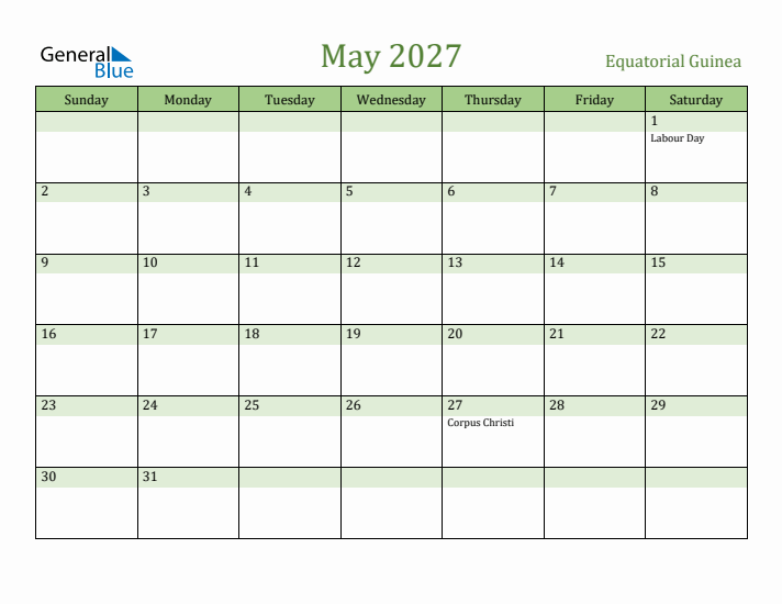 May 2027 Calendar with Equatorial Guinea Holidays
