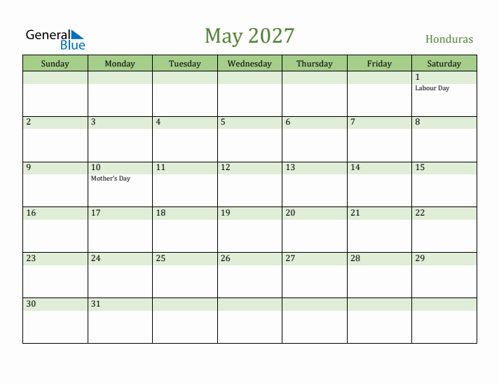 May 2027 Calendar with Honduras Holidays
