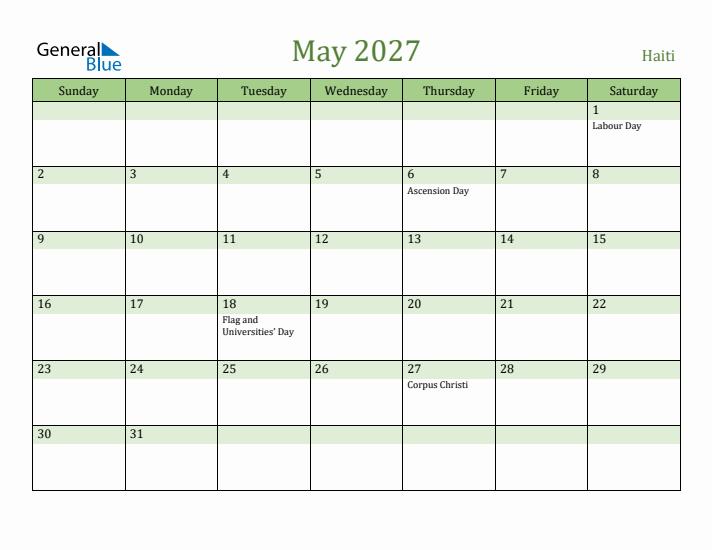 May 2027 Calendar with Haiti Holidays