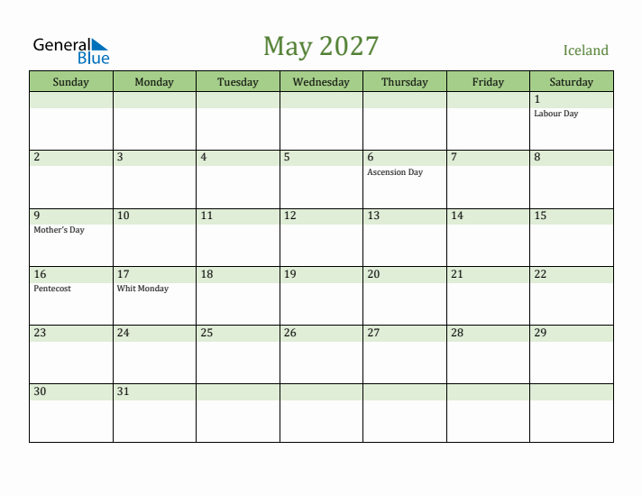 May 2027 Calendar with Iceland Holidays