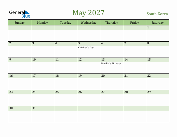May 2027 Calendar with South Korea Holidays
